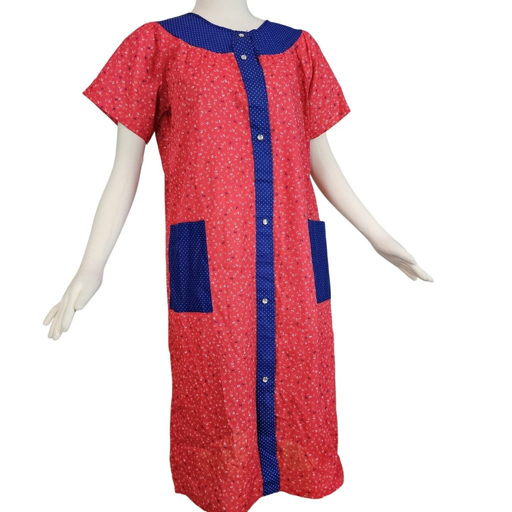 Vintage Red White Blue‎ Floral Nightgown Robe Dress Gown Color Block 1960s Smock
